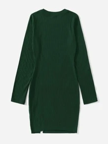 SHEIN Essnce Ribbed Knit Split Hem Dress - Dark Green - View 2