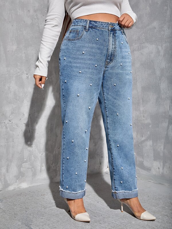 SHEIN Essnce Plus High Waist Pearl Beaded Raw Cut Jeans SHEIN USA