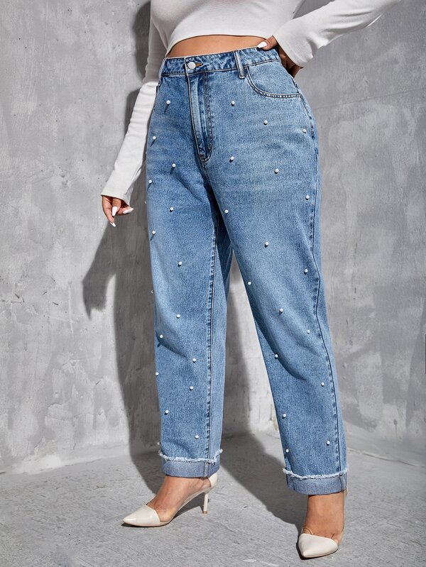 SHEIN Essnce Plus High Waist Pearl Beaded Raw Cut Jeans SHEIN USA