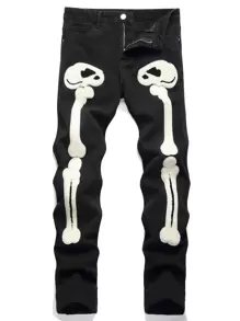 Men Skeleton Patched Pocket Zipper Jeans, For Halloween - Black - View 1