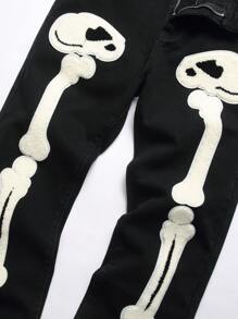 Men Skeleton Patched Pocket Zipper Jeans, For Halloween - Black - View 5