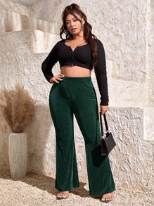 SHEIN SXY Pantalones acampanados de talle alto tejido de canalé - Verde Oscuro - Ver 5