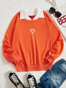 SHEIN Qutie Colourblock Heart Print Contrast Collar Sweatshirt - Orange - View 1
