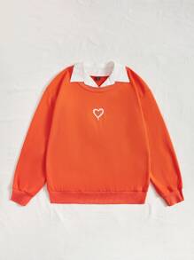 SHEIN Qutie Colourblock Heart Print Contrast Collar Sweatshirt - Orange - View 3