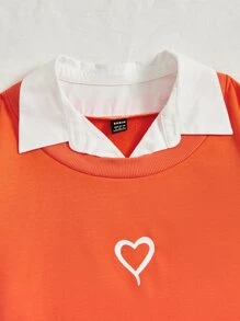 SHEIN Qutie Colourblock Heart Print Contrast Collar Sweatshirt - Orange - View 4