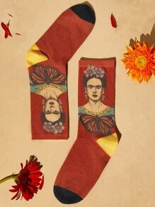 Frida Kahlo X SHEIN Butterfly & Figure Graphic Crew Socks - Multicolor - View 2