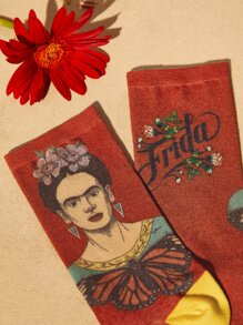 Frida Kahlo X SHEIN Butterfly & Figure Graphic Crew Socks - Multicolor - View 3