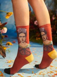 Frida Kahlo X SHEIN Butterfly & Figure Graphic Crew Socks - Multicolor - View 4