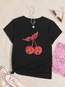 Ellice Cothern Cherry Print Round Neck Tee - Black - View 1