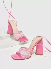 Mesh Rhinestone Decor Tie Leg Design Chunky Heeled Strappy Sandals - Pink - View 4