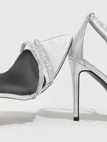 Sandalias de tiras con diseño de diamante de imitación con tacón delgado - Plateado - Ver 3