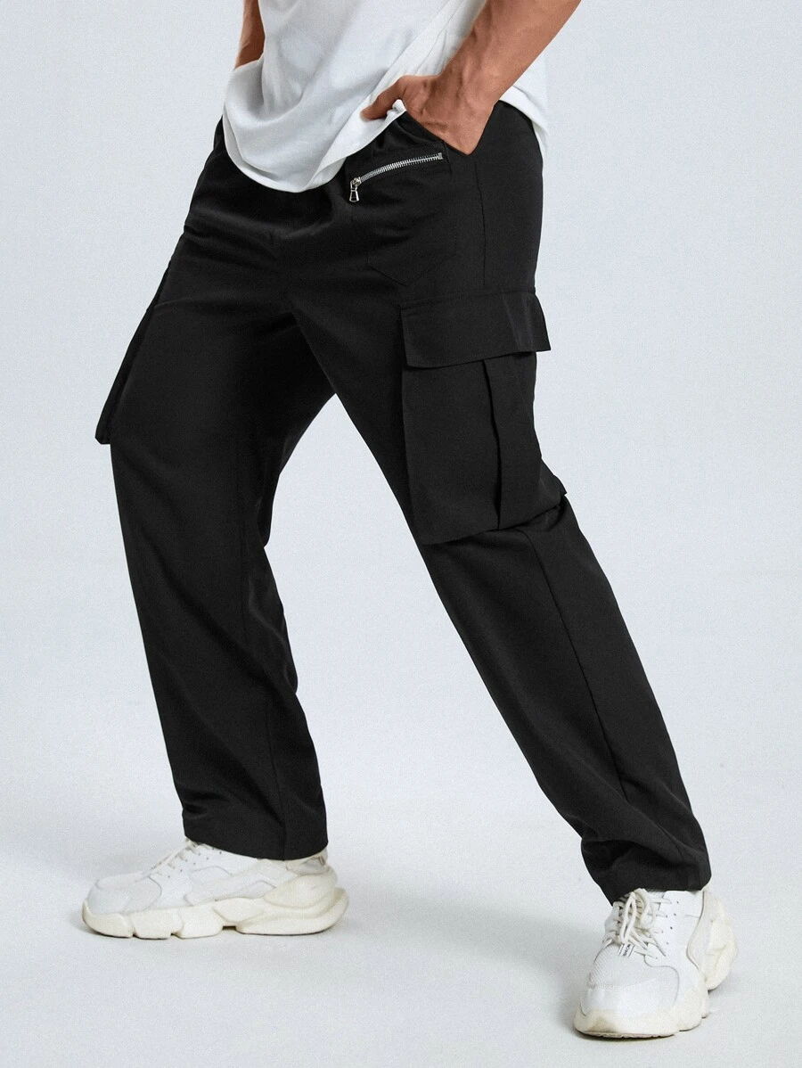 Manfinity Hombres Pantalones cargo con bolsillo lateral con solapa de cintura con cordón - Negro - Ver 1