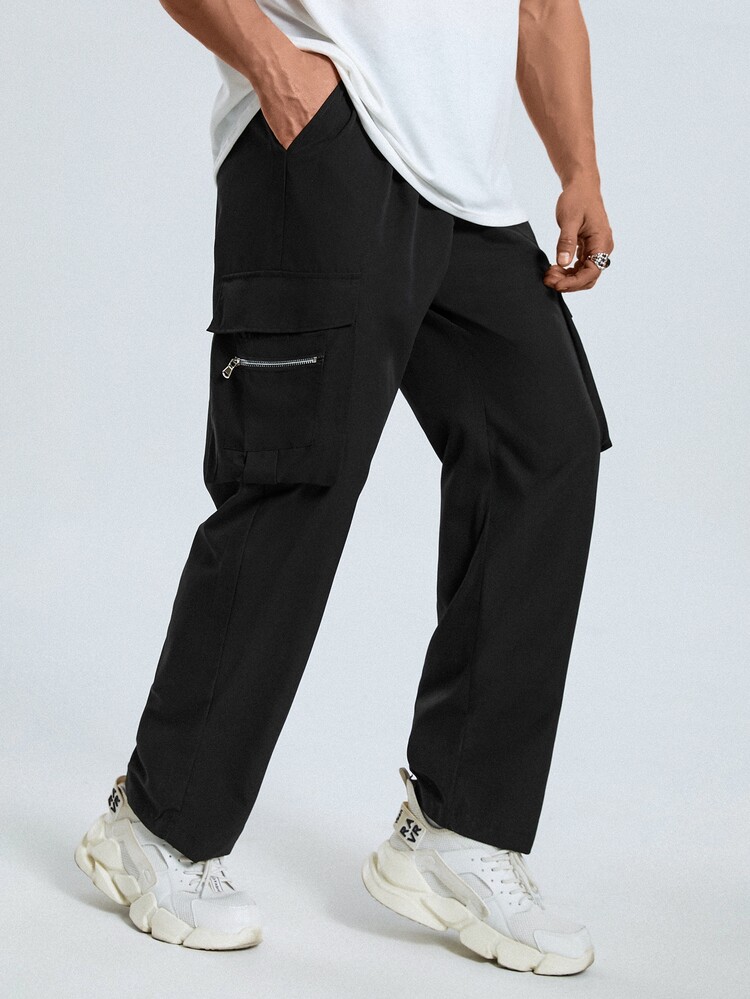 Manfinity Men Plus Flap Pocket Side Drawstring Waist Cargo Pants - Black - View 5