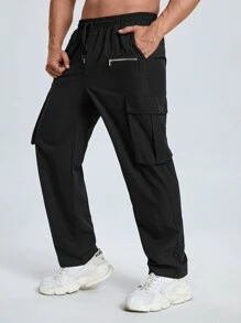 Manfinity Hombres Pantalones cargo con bolsillo lateral con solapa de cintura con cordón - Negro - Ver 7