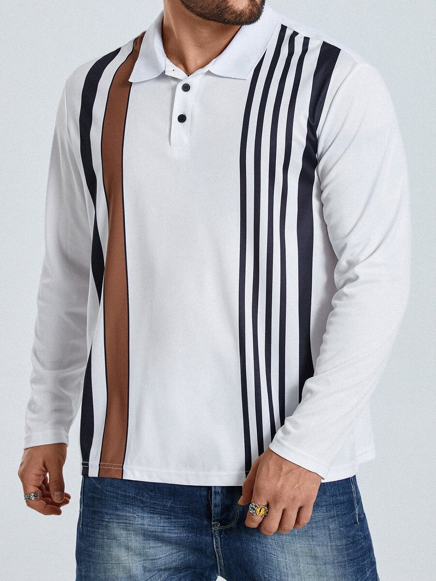 Manfinity Men Plus Striped Print Polo Shirt - White - View 1