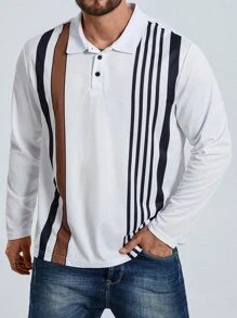 Manfinity Men Plus Striped Print Polo Shirt - White - View 3