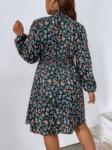 SHEIN Clasi Plus Allover Print Lantern Sleeve Shirred Waist Dress Fall Cloth For Women - Multicolor - View 3