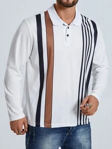 Manfinity Men Plus Striped Print Polo Shirt - White - View 6