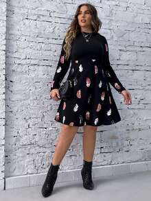 SHEIN LUNE Vestido con estampado de pluma de cuello alto - Negro - Ver 5