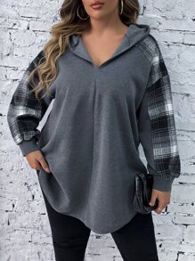 SHEIN LUNE Sudadera con mangas raglán a cuadros talla grande - Gris Oscuro - Ver 1