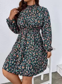 SHEIN Clasi Plus Allover Print Lantern Sleeve Shirred Waist Dress Fall Cloth For Women - Multicolor - View 6