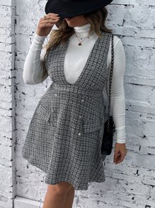 SHEIN LUNE Plus Plaid Double Breasted Tweed Pinafore Dress Without Jumper - Black and White - View 1