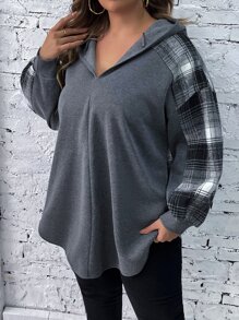 SHEIN LUNE Sudadera con mangas raglán a cuadros talla grande - Gris Oscuro - Ver 4