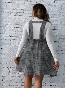 SHEIN LUNE Plus Plaid Double Breasted Tweed Pinafore Dress Without Jumper - Black and White - View 2