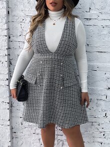 SHEIN LUNE Plus Plaid Double Breasted Tweed Pinafore Dress Without Jumper - Black and White - View 3