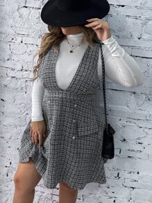 SHEIN LUNE Plus Plaid Double Breasted Tweed Pinafore Dress Without Jumper - Black and White - View 4