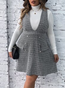 SHEIN LUNE Plus Plaid Double Breasted Tweed Pinafore Dress Without Jumper - Black and White - View 5