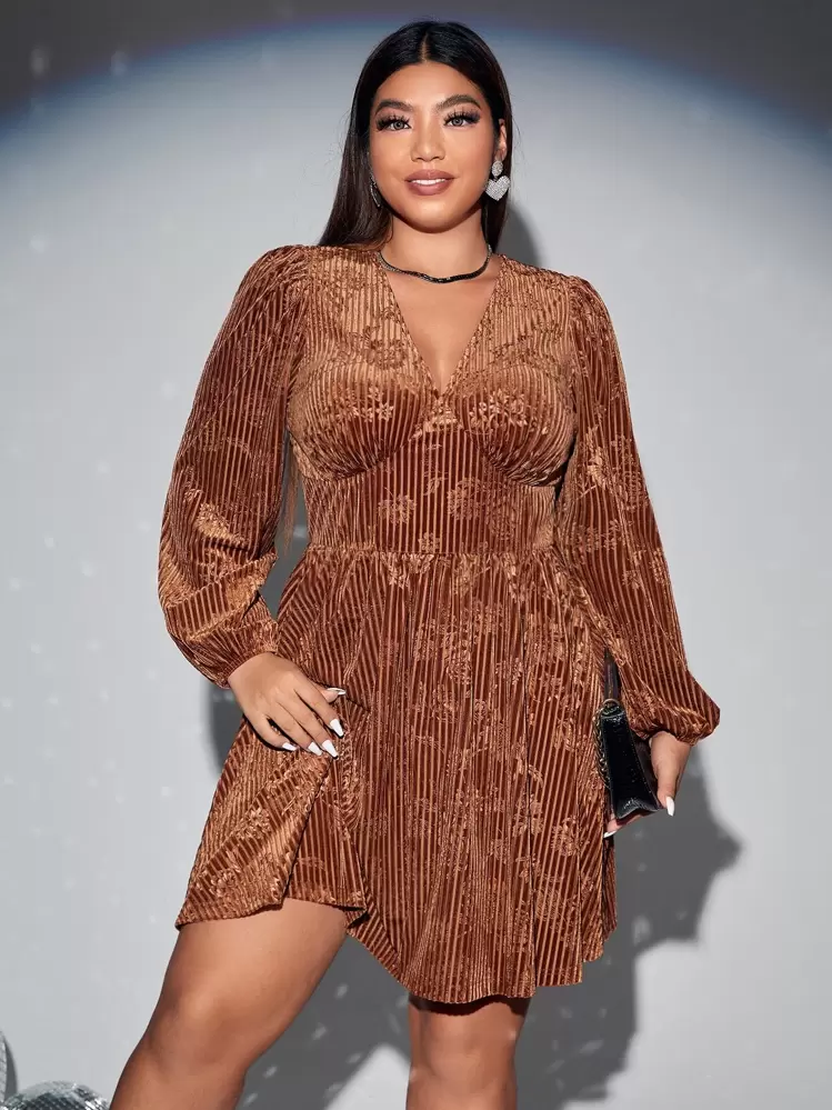 SHEIN Privé Plus V Neck Lantern Sleeve Dress - Brown - View 1