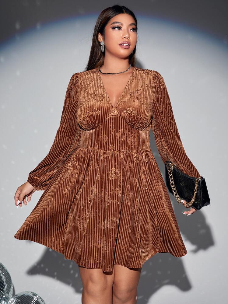 SHEIN Privé Plus V Neck Lantern Sleeve Dress - Brown - View 3