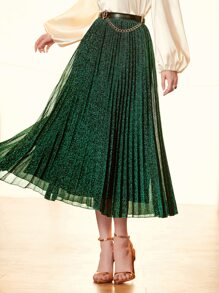 Modelyn Glitter Pleated Skirt Without Chain - Dark Green - View 1
