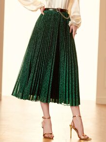 Modelyn Glitter Pleated Skirt Without Chain - Dark Green - View 3