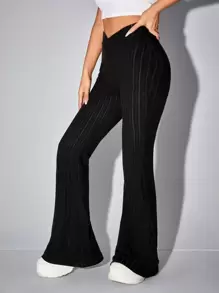 SHEIN EZwear Black V-Shaped Waistband High Waist Flare Leg Pants - Black - View 3