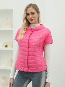 ZIAI Button Front Padded Coat For Winter - Pink - View 4