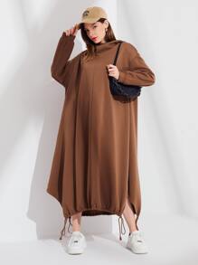 Mulvari 落肩袖抽繩下擺連帽衛衣裙 - 咖啡棕 - 查看 1