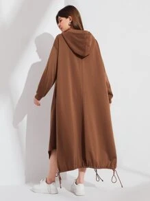 Mulvari 落肩袖抽繩下擺連帽衛衣裙 - 咖啡棕 - 查看 2