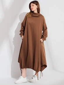 Mulvari 落肩袖抽繩下擺連帽衛衣裙 - 咖啡棕 - 查看 4