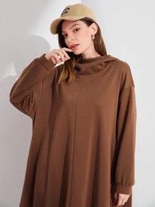 Mulvari 落肩袖抽繩下擺連帽衛衣裙 - 咖啡棕 - 查看 6