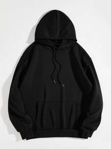 SHEIN EZwear 加大码花卉日文字母图案抽绳保暖内衬卫衣，适合毕业季、返校季、教师节等场合，女士返校套头衫，秋冬款。 - 黑色 - 查看 2