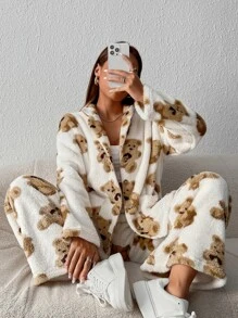 Muchica Bear Pattern Drop Shoulder Teddy Jacket & Trousers - White - View 2