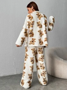 Muchica Bear Pattern Drop Shoulder Teddy Jacket & Trousers - White - View 3
