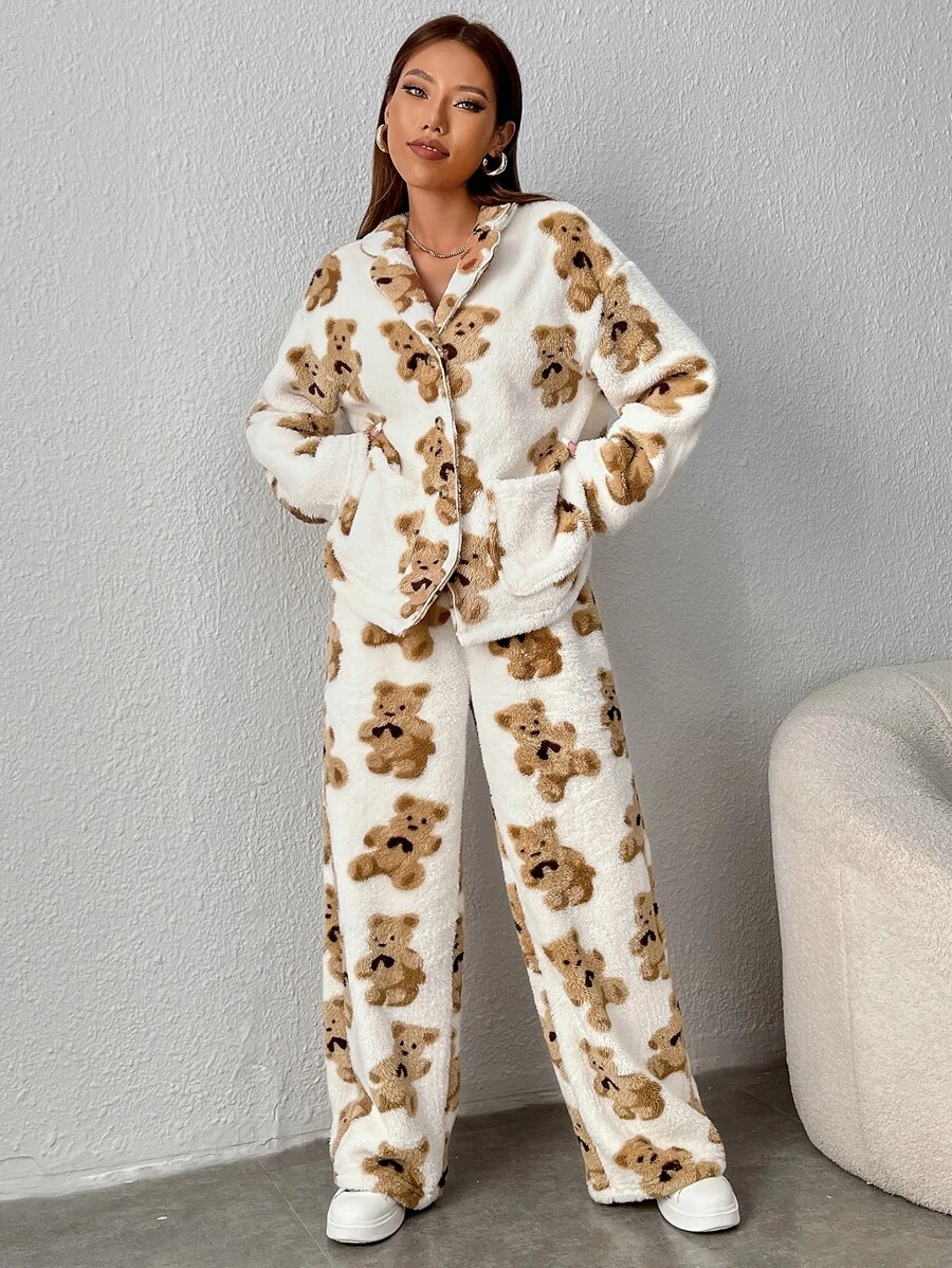 Muchica Bear Pattern Drop Shoulder Teddy Jacket & Trousers - White - View 1