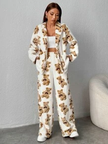 Muchica Bear Pattern Drop Shoulder Teddy Jacket & Trousers - White - View 4