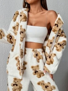 Muchica Bear Pattern Drop Shoulder Teddy Jacket & Trousers - White - View 5