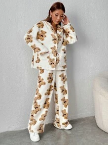 Muchica Bear Pattern Drop Shoulder Teddy Jacket & Trousers - White - View 6