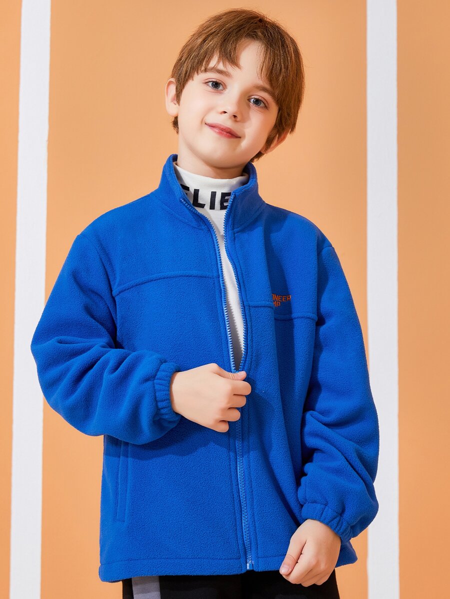 Boys Letter Embroidery Detail Zip Up Jacket - Blue - View 1