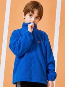 Boys Letter Embroidery Detail Zip Up Jacket - Blue - View 4